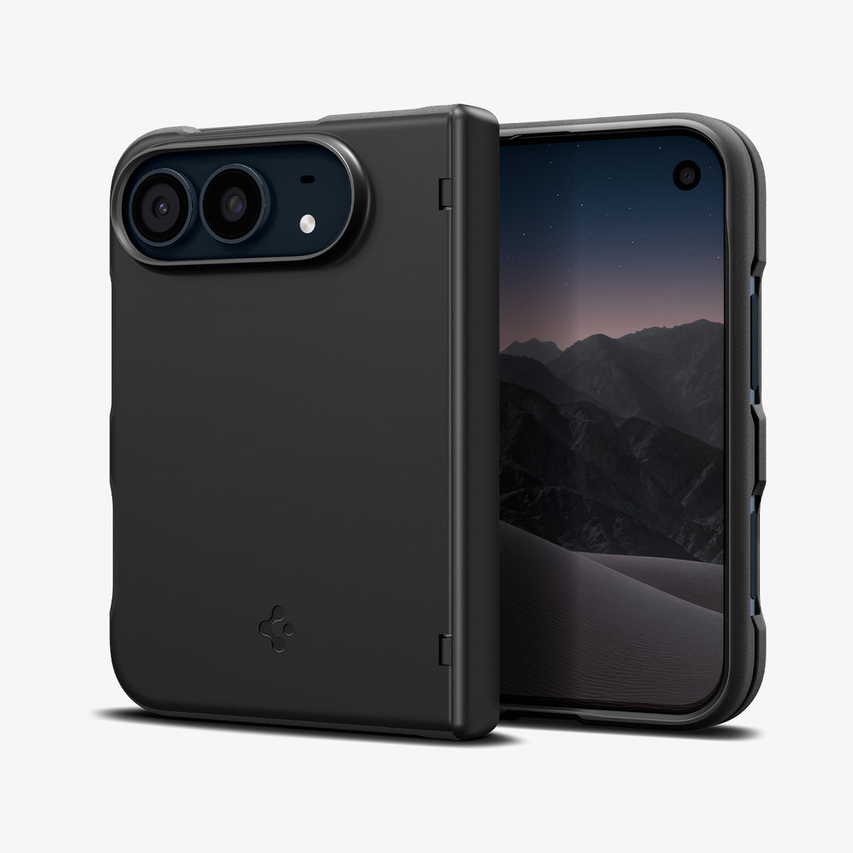 ACS11694 - iPhone Duo Air Fit Pro (Mag Fit) showing a close-up angled view of a foldable phone case with a smooth back panel, raised camera edges, and hinge protection.