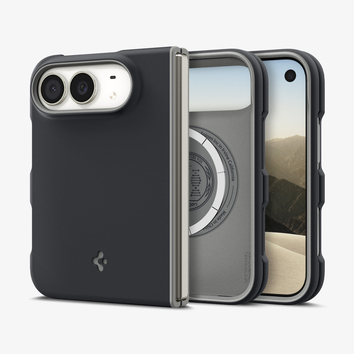 ACS11687 - iPhone Duo Nano Pop (Mag Fit) in Black Sesame showing multiple views of the foldable case with contrasting trim, camera protection, and slim profile