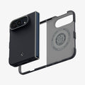 ACS11687 - iPhone Duo Nano Pop (Mag Fit) in Black Sesame showing an exploded view of a two-piece foldable phone case with a separate front frame, rear cover, and circular magnetic ring.