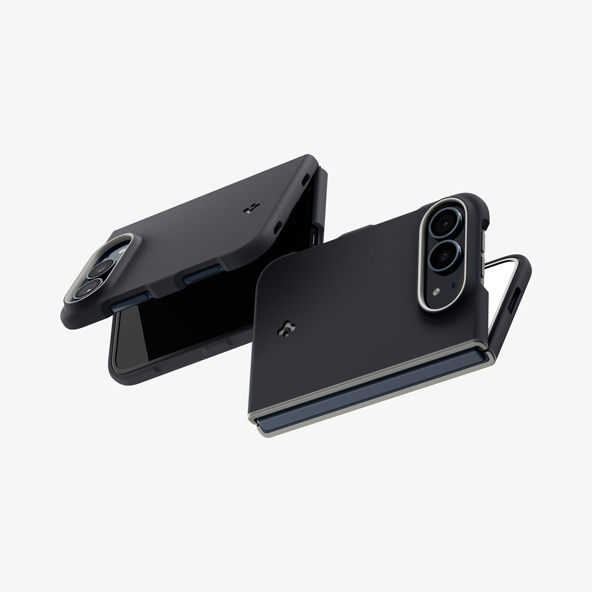 ACS11687 - iPhone Duo Nano Pop (Mag Fit) in Black Sesame showing angled views of a foldable phone case with raised camera edges, side button cutouts, and an exposed hinge.