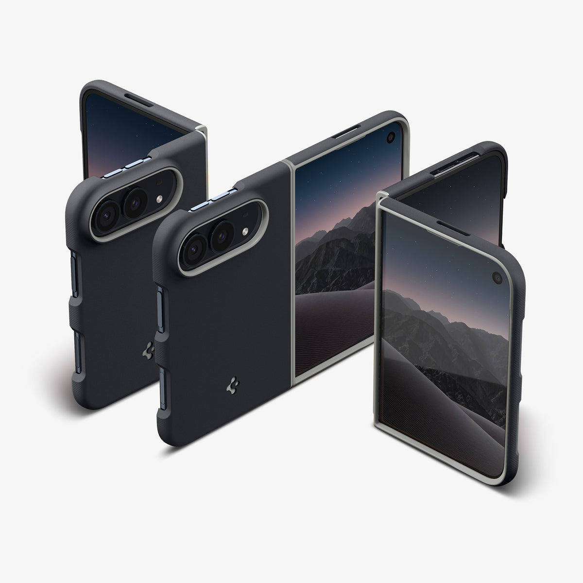 ACS11687 - iPhone Duo Nano Pop (Mag Fit) in Black Sesame showing multiple angles of a foldable phone case on devices in folded, partially unfolded, and fully unfolded positions.