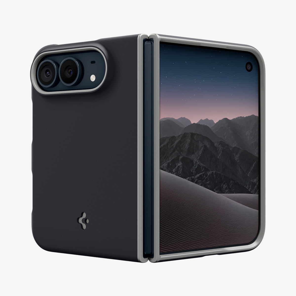 ACS11687 - iPhone Duo Nano Pop (Mag Fit) in Black Sesame showing a partially unfolded phone case with a raised camera cutout, smooth back panel, and exposed hinge.
