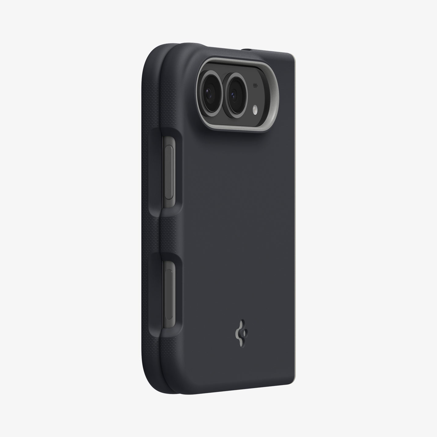 ACS11687 - iPhone Duo Nano Pop (Mag Fit) in Black Sesame showing an angled rear view highlighting the camera frame, side controls, and textured grip