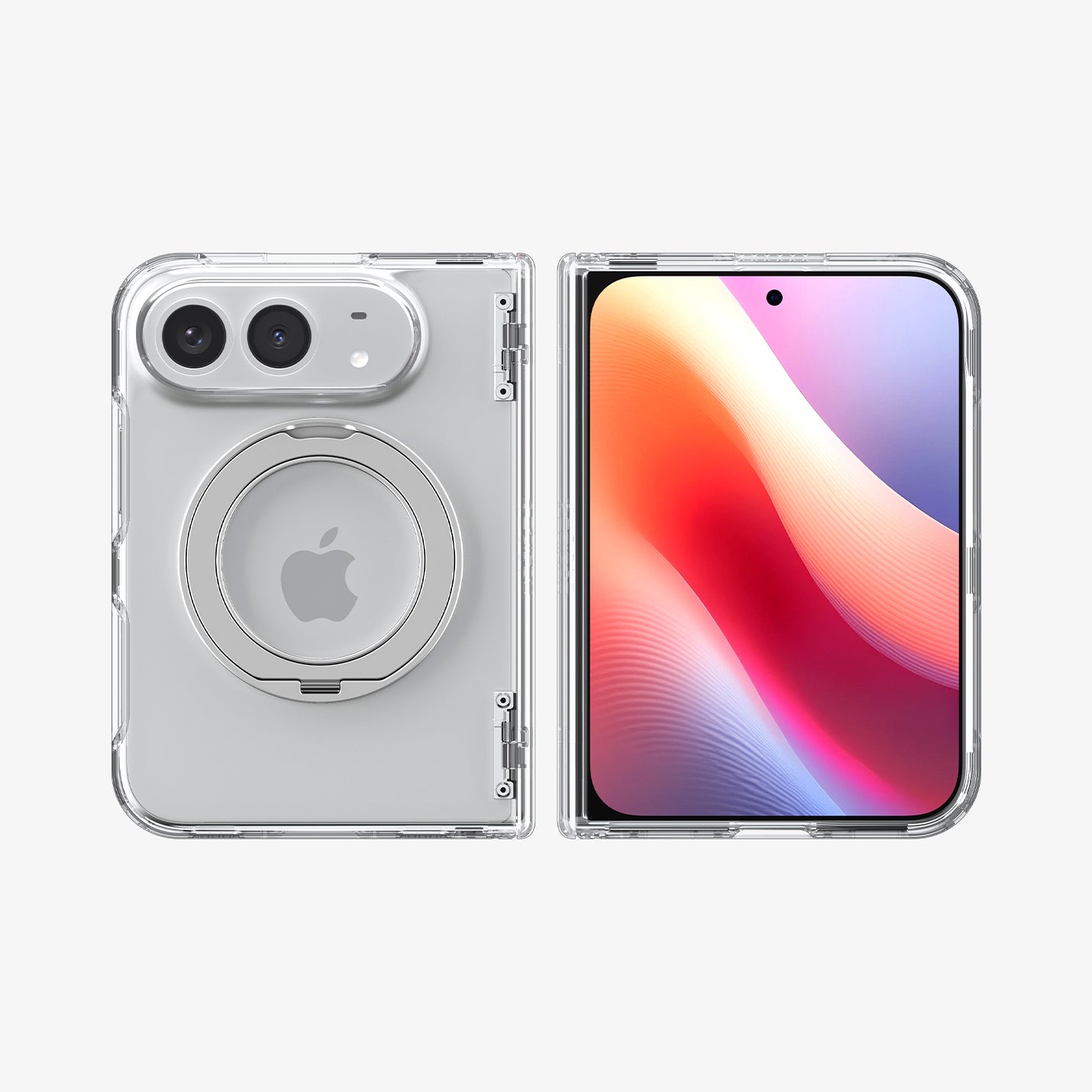ACS11782 - iPhone Duo  Ultra Hybrid Pro S (Mag Fit) showing the clear case fully opened with a built-in circular kickstand on the back