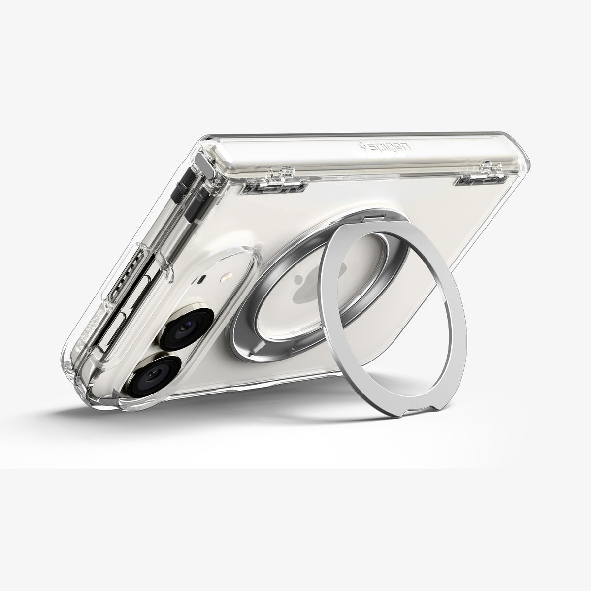 ACS11782 - iPhone Duo  Ultra Hybrid Pro S (Mag Fit) showing a folded phone supported at an angle by the extended metal ring stand on the back of the case
