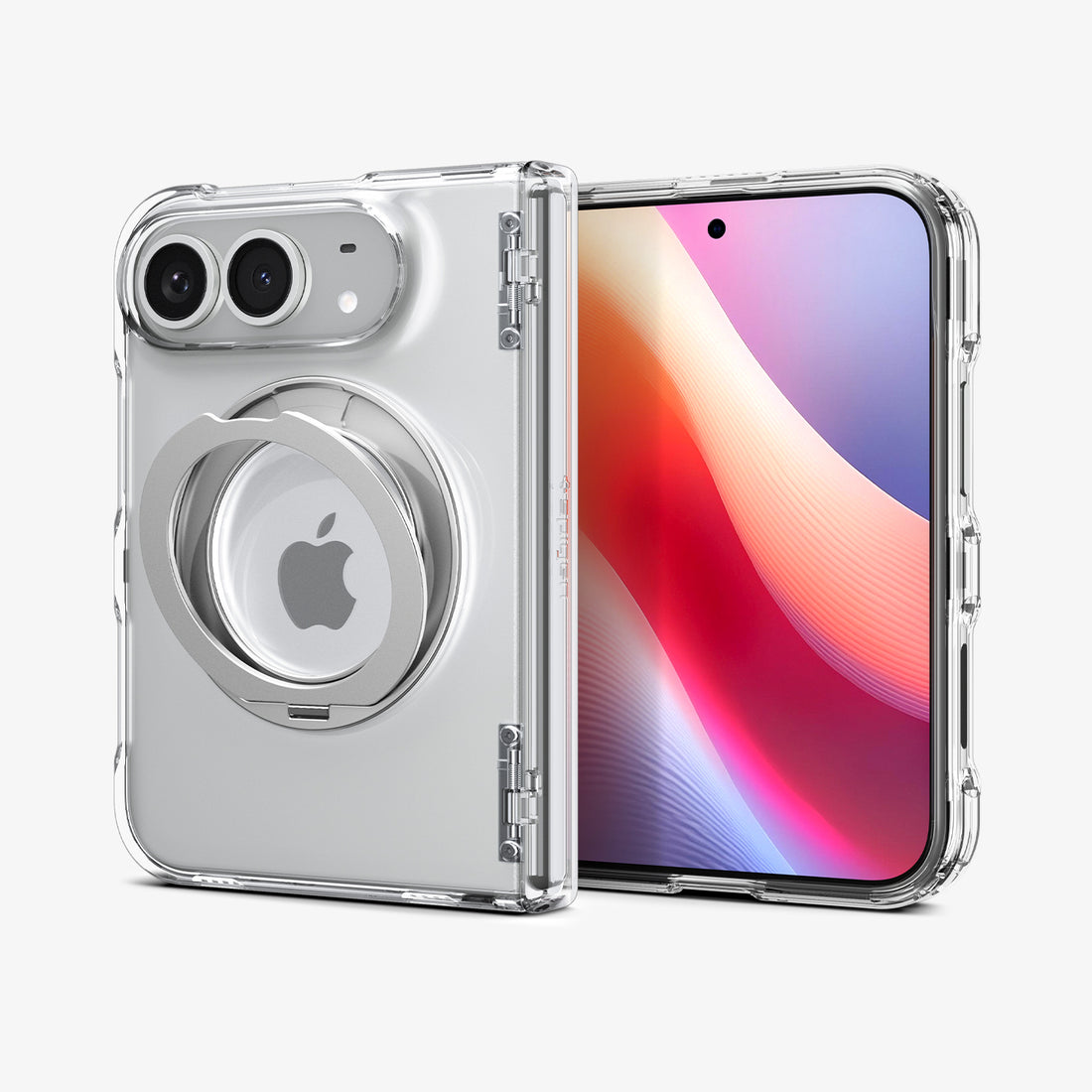 ACS11782 - iPhone Duo  Ultra Hybrid Pro S (Mag Fit) showing an angled view of the case with circular kickstand and textured hinge protection
