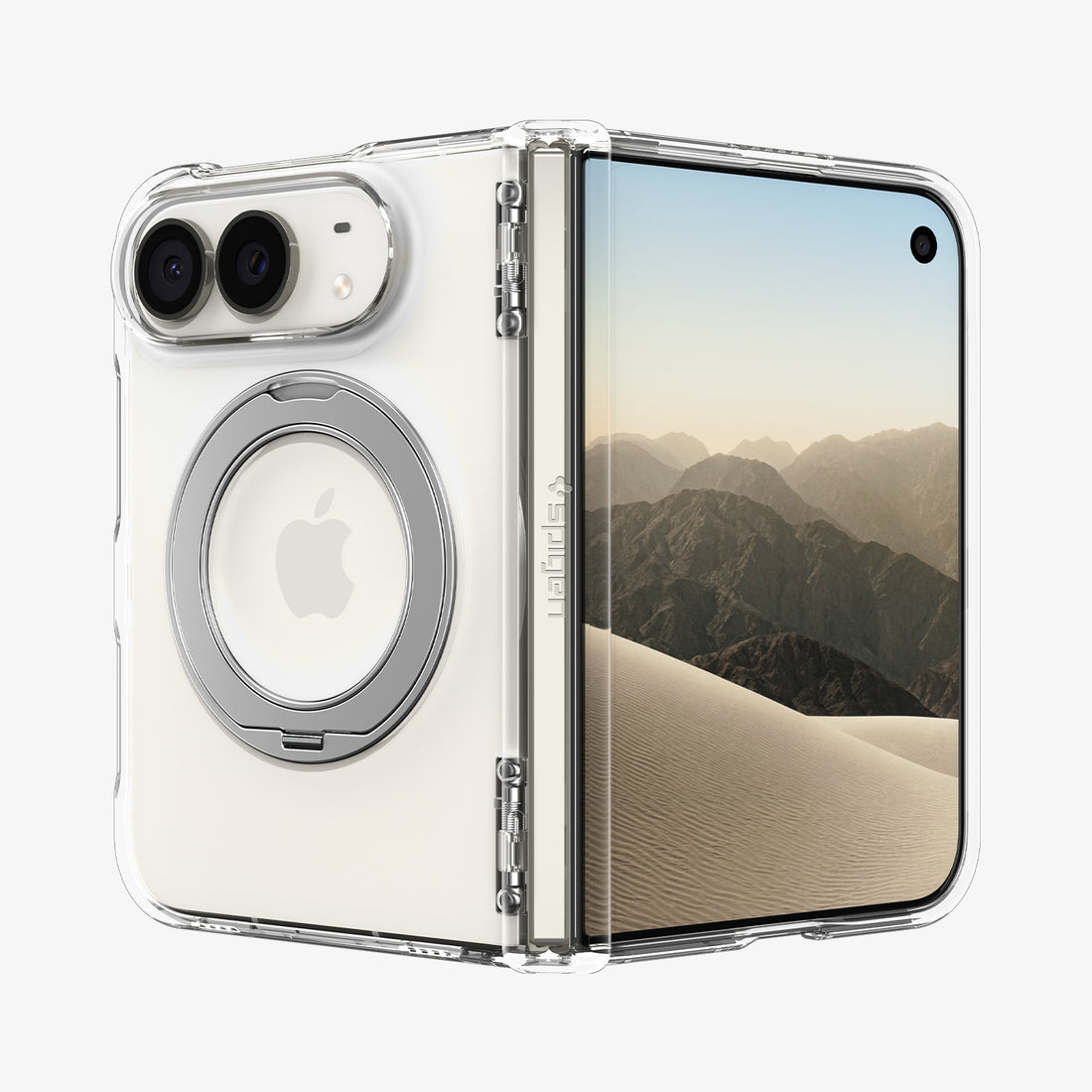 ACS11782 - iPhone Duo  Ultra Hybrid Pro S (Mag Fit) showing an unfolded phone in a clear case with a metal ring stand, raised camera edges, and hinge protection