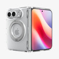 ACS11782 - iPhone Duo  Ultra Hybrid Pro S (Mag Fit) showing the clear case partially folded with hinge protection and built-in circular kickstand