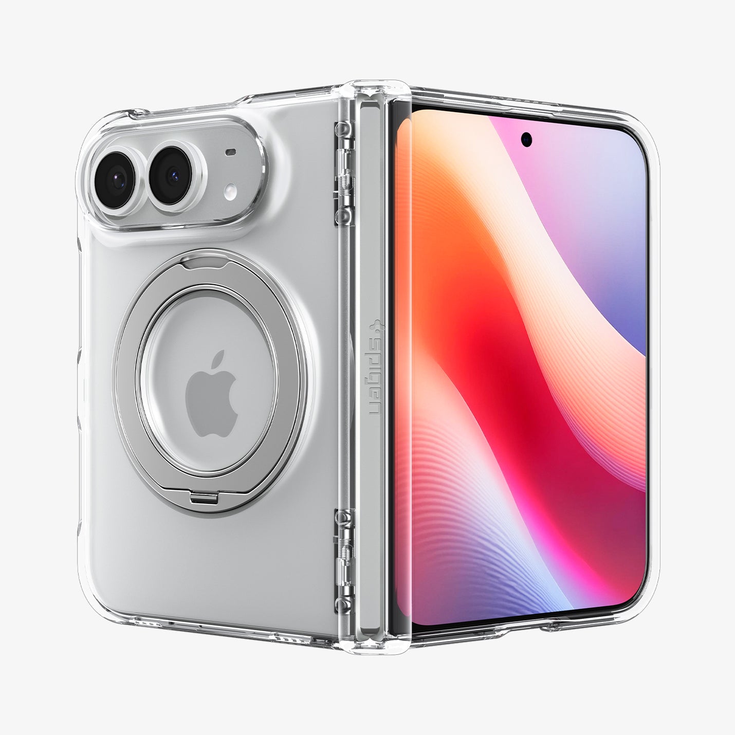 ACS11782 - iPhone Duo  Ultra Hybrid Pro S (Mag Fit) showing the clear case partially folded with hinge protection and built-in circular kickstand