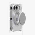 ACS11782 - iPhone Duo  Ultra Hybrid Pro S (Mag Fit) showing the clear case attached to a magnetic wireless charger