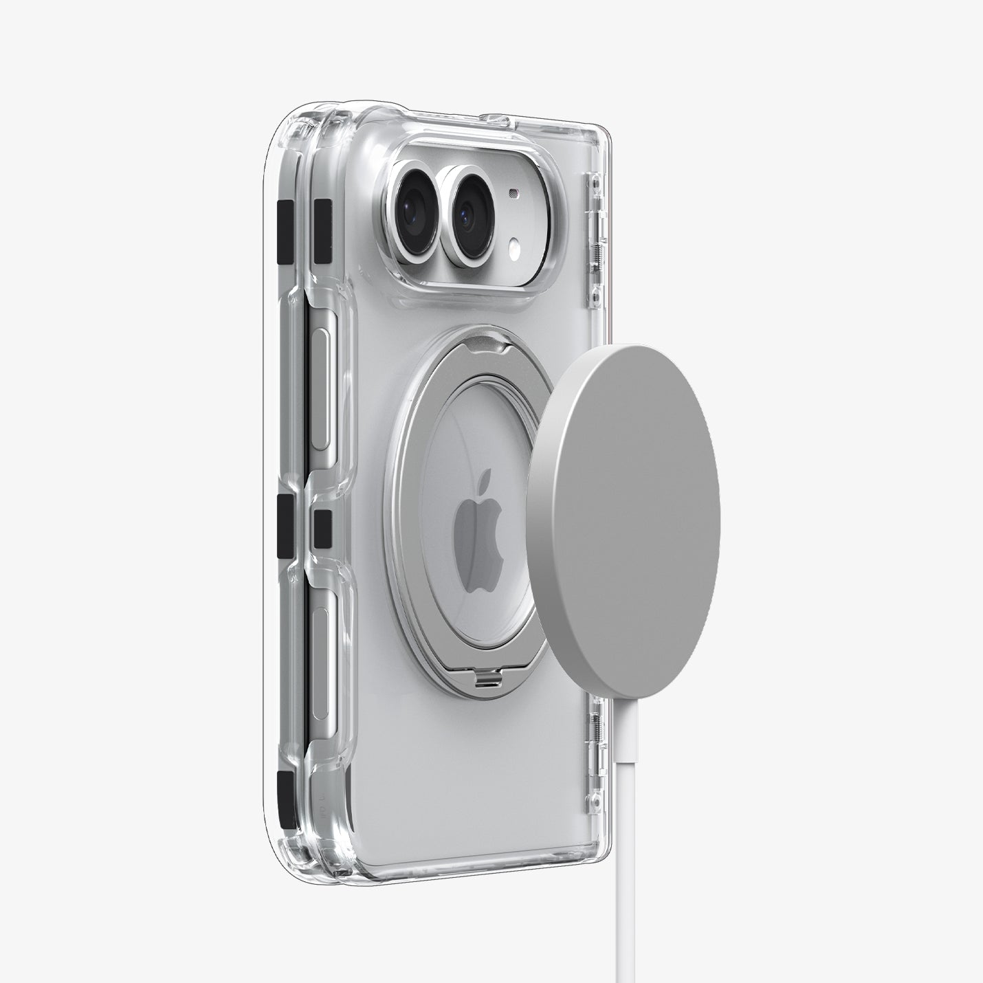 ACS11782 - iPhone Duo  Ultra Hybrid Pro S (Mag Fit) showing the clear case attached to a magnetic wireless charger