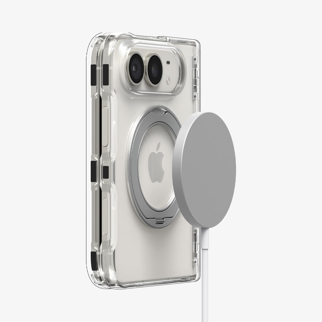 ACS11782 - iPhone Duo  Ultra Hybrid Pro S (Mag Fit) showing a folded phone in a clear case with a magnetic charger aligned with the metal ring on the back