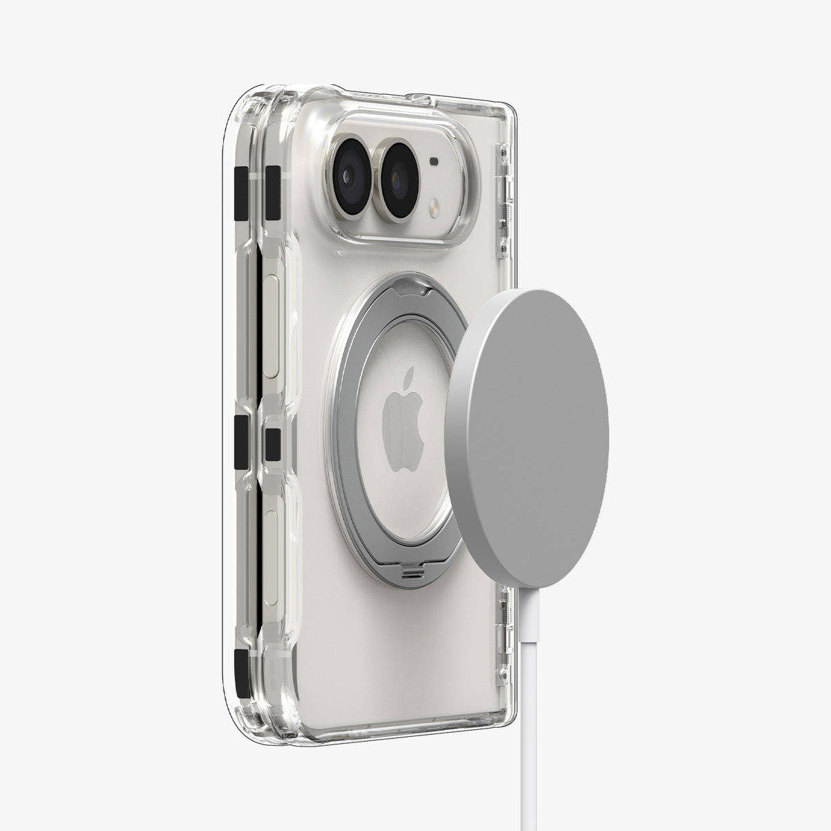 ACS11782 - iPhone Duo  Ultra Hybrid Pro S (Mag Fit) showing a folded phone in a clear case with a magnetic charger aligned with the metal ring on the back
