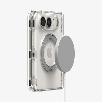 ACS11782 - iPhone Duo  Ultra Hybrid Pro S (Mag Fit) showing a folded phone in a clear case with a magnetic charger aligned with the metal ring on the back