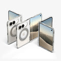 ACS11782 - iPhone Duo  Ultra Hybrid Pro S (Mag Fit) showing multiple views of a clear foldable phone case in different folding positions with a built-in metal ring