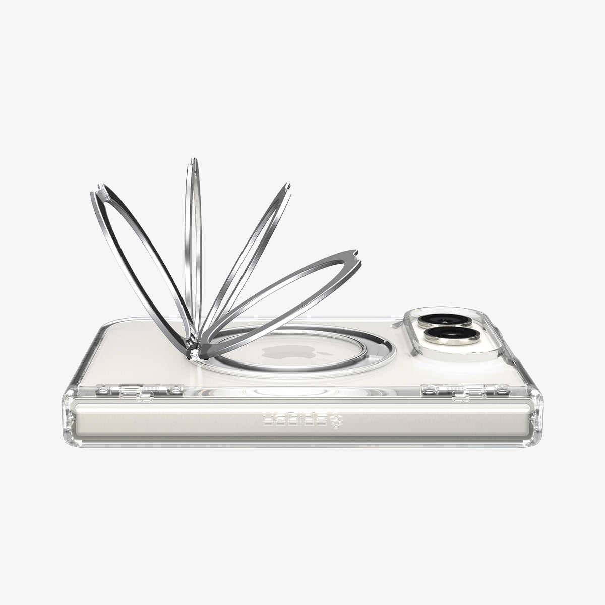 ACS11782 - iPhone Duo  Ultra Hybrid Pro S (Mag Fit) showing a metal ring stand extended at multiple angles on the back of a folded phone case
