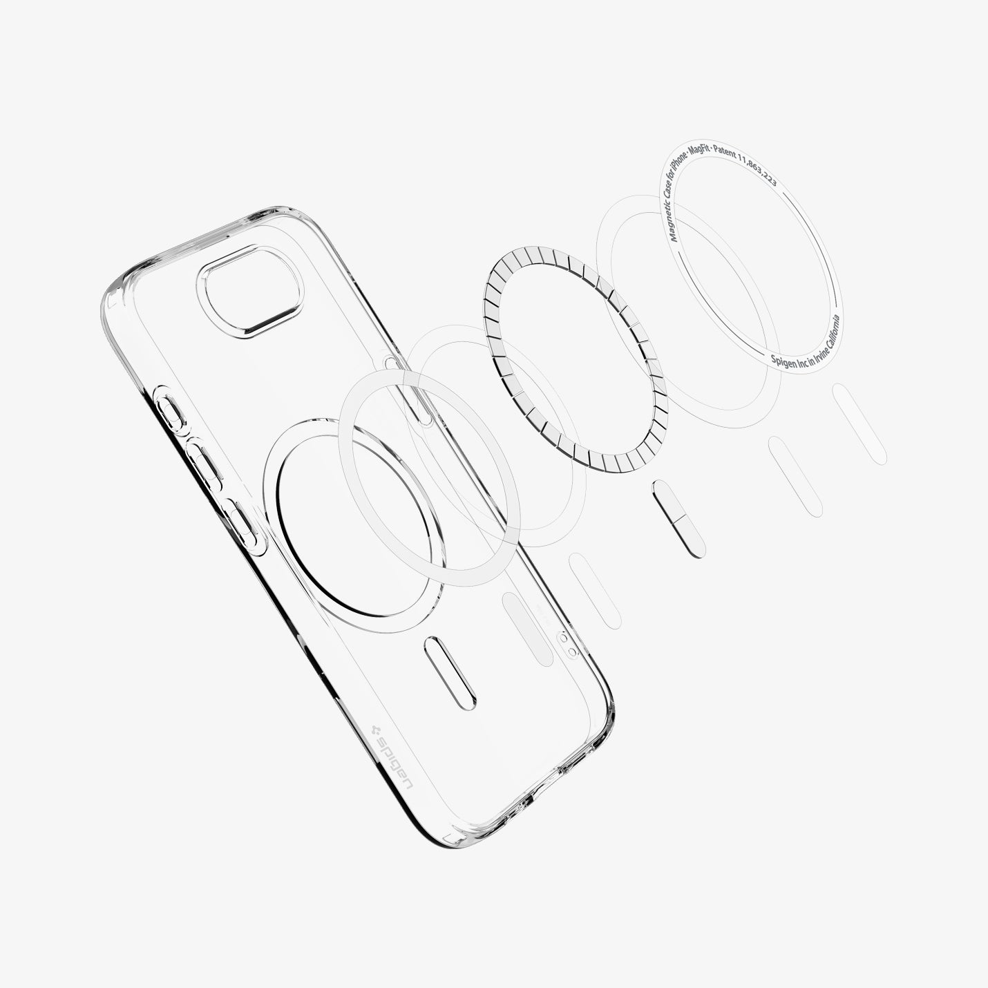 ACS09150 - iPhone 16e Case Liquid Crystal (MagFit) in Clear White showing the detached magsafe ring hovering above the case