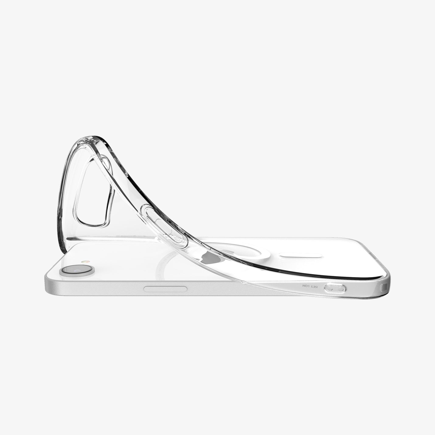 ACS09150 - iPhone 16e Case Liquid Crystal (MagFit) in Clear White showing the partial back and sides while corner's partially lifted