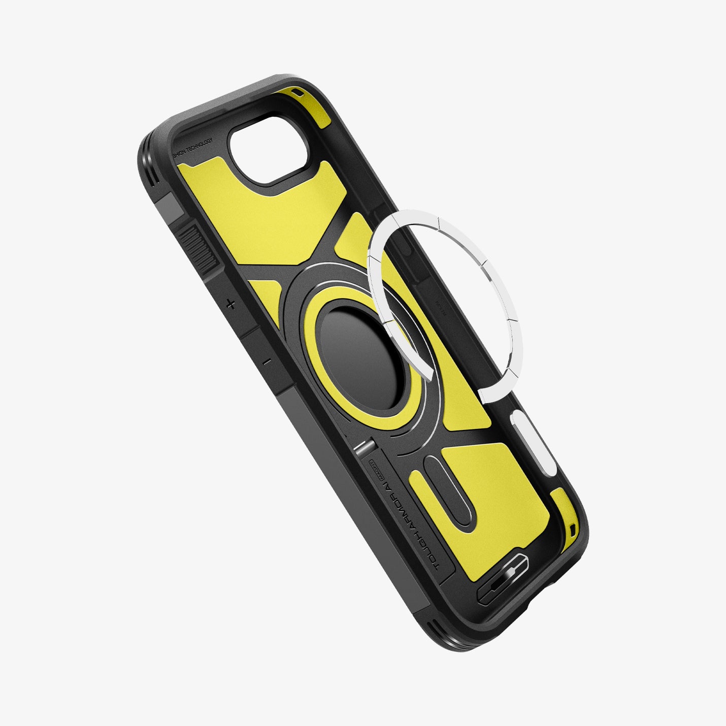 ACS09137 - iPhone 16e Case Tough Armor AI (MagFit) in Black showing the inner and partial side with metal ring detached, hovering in front