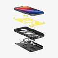 ACS09137 - iPhone 16e Case Tough Armor AI (MagFit) in Black showing the device hovering above the detached impact foam, frame, metal ring and the back layer of the case