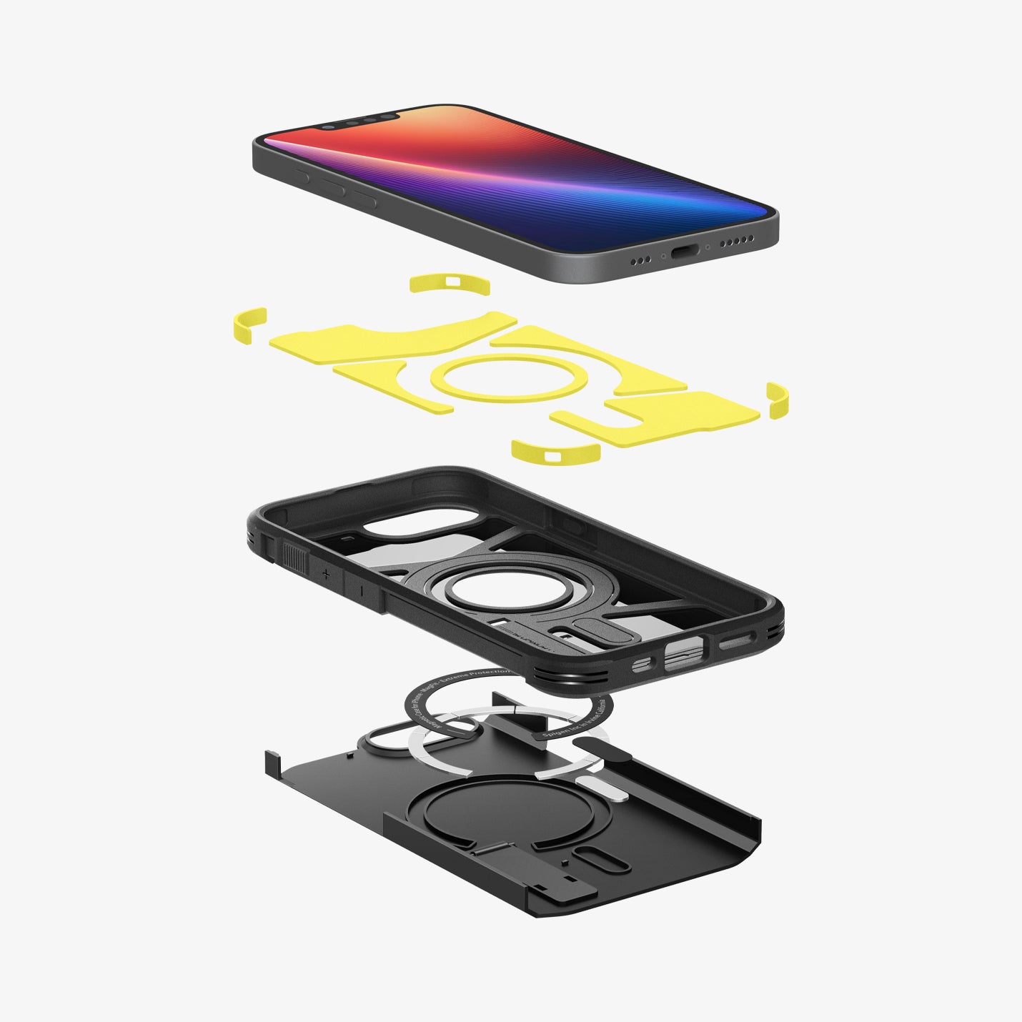 ACS09137 - iPhone 16e Case Tough Armor AI (MagFit) in Black showing the device hovering above the detached impact foam, frame, metal ring and the back layer of the case