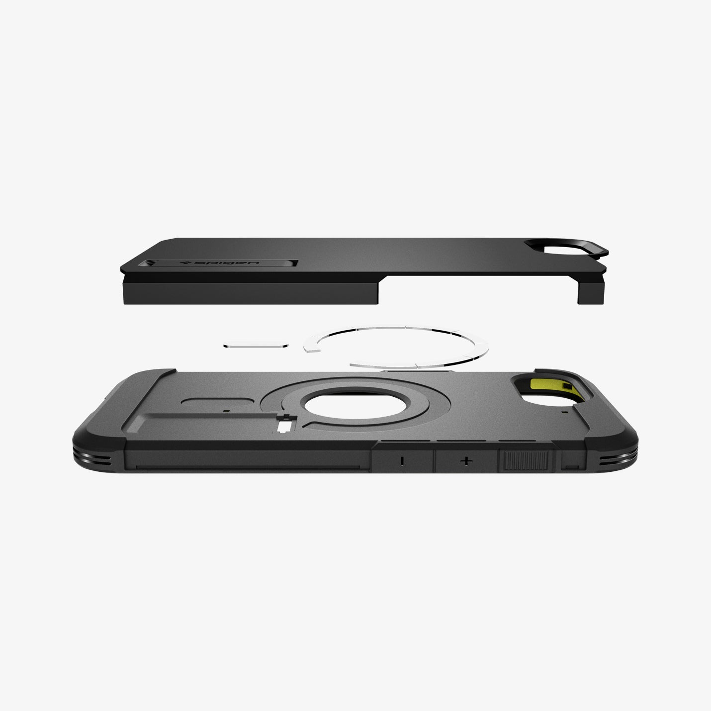 ACS09137 - iPhone 16e Case Tough Armor AI (MagFit) in Black showing the back layer hovering above the detached metal ring and the rest of the case