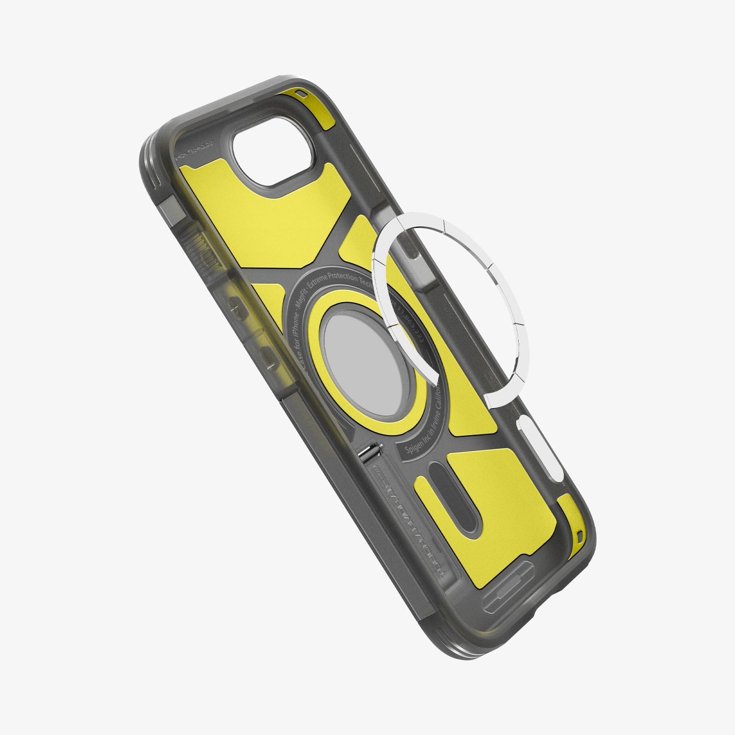 ACS09138 - iPhone 16e Case Tough Armor AI (MagFit) in Frost Black showing the inner and partial side with metal ring detached, hovering in front