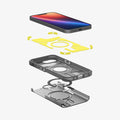 ACS09138 - iPhone 16e Case Tough Armor AI (MagFit) in Frost Black showing the device hovering above the detached impact foam, frame, metal ring and the back layer of the case