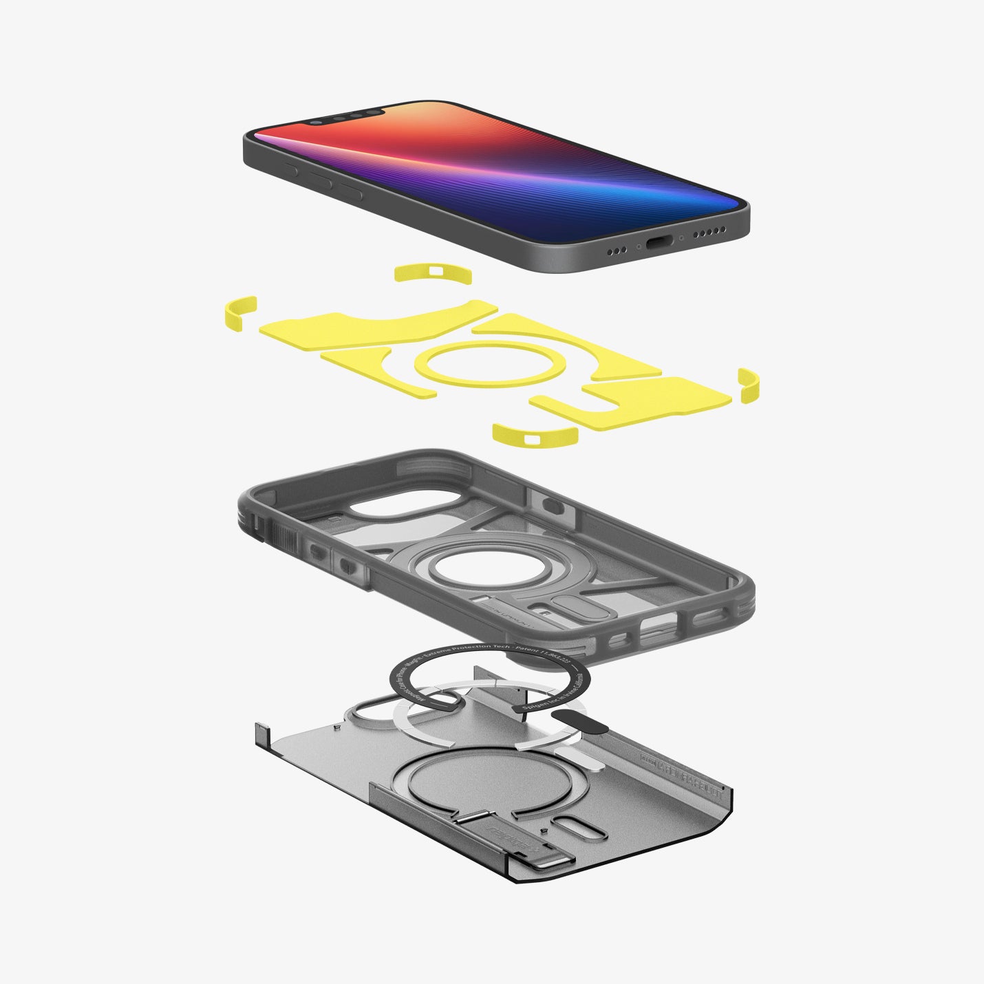 ACS09138 - iPhone 16e Case Tough Armor AI (MagFit) in Frost Black showing the device hovering above the detached impact foam, frame, metal ring and the back layer of the case