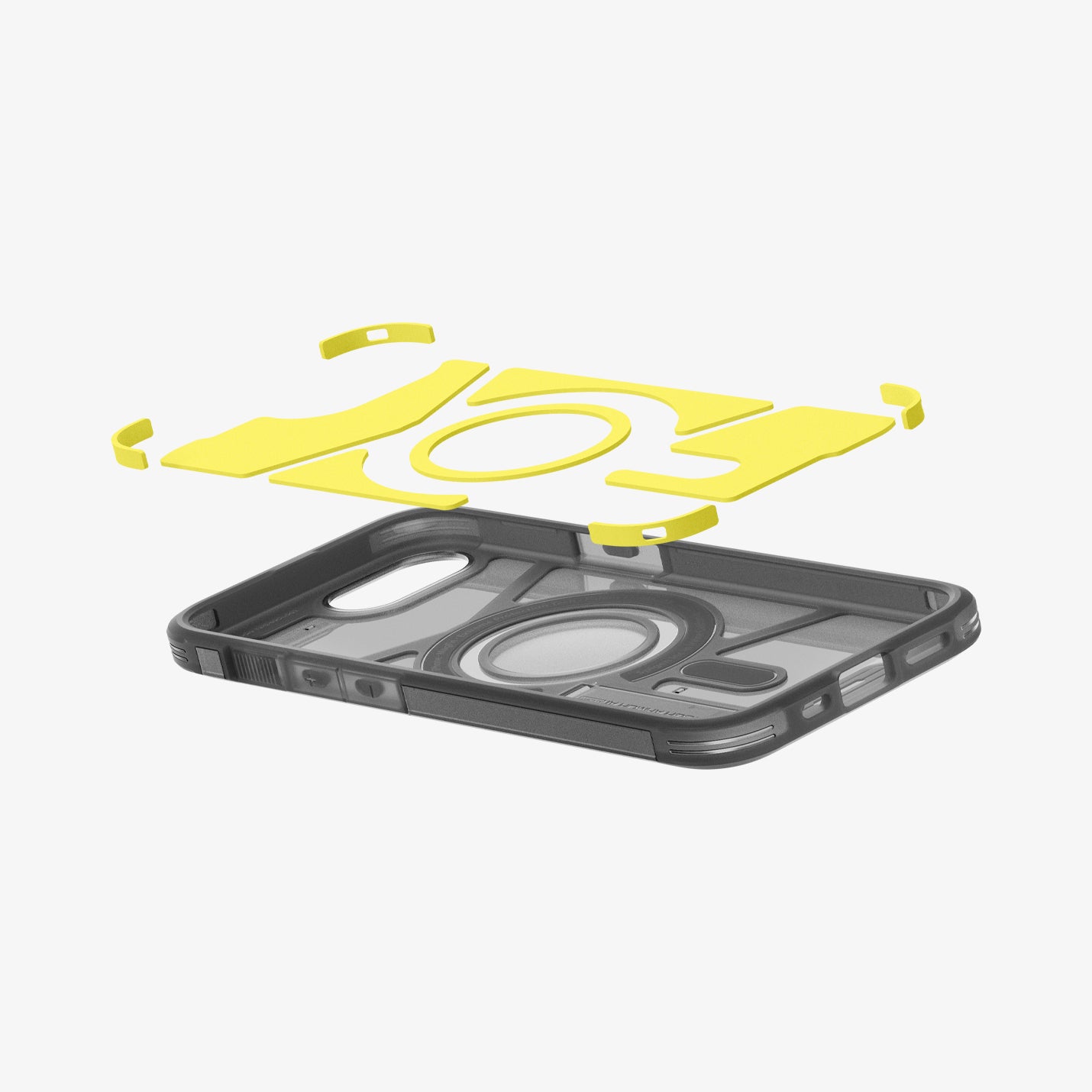 ACS09138 - iPhone 16e Case Tough Armor AI (MagFit) in Frost Black showing the impact foam hovering above the case