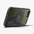 ACS09138 - iPhone 16e Case Tough Armor AI (MagFit) in Frost Black showing the back, partial side and bottom with built-in kickstand propped up