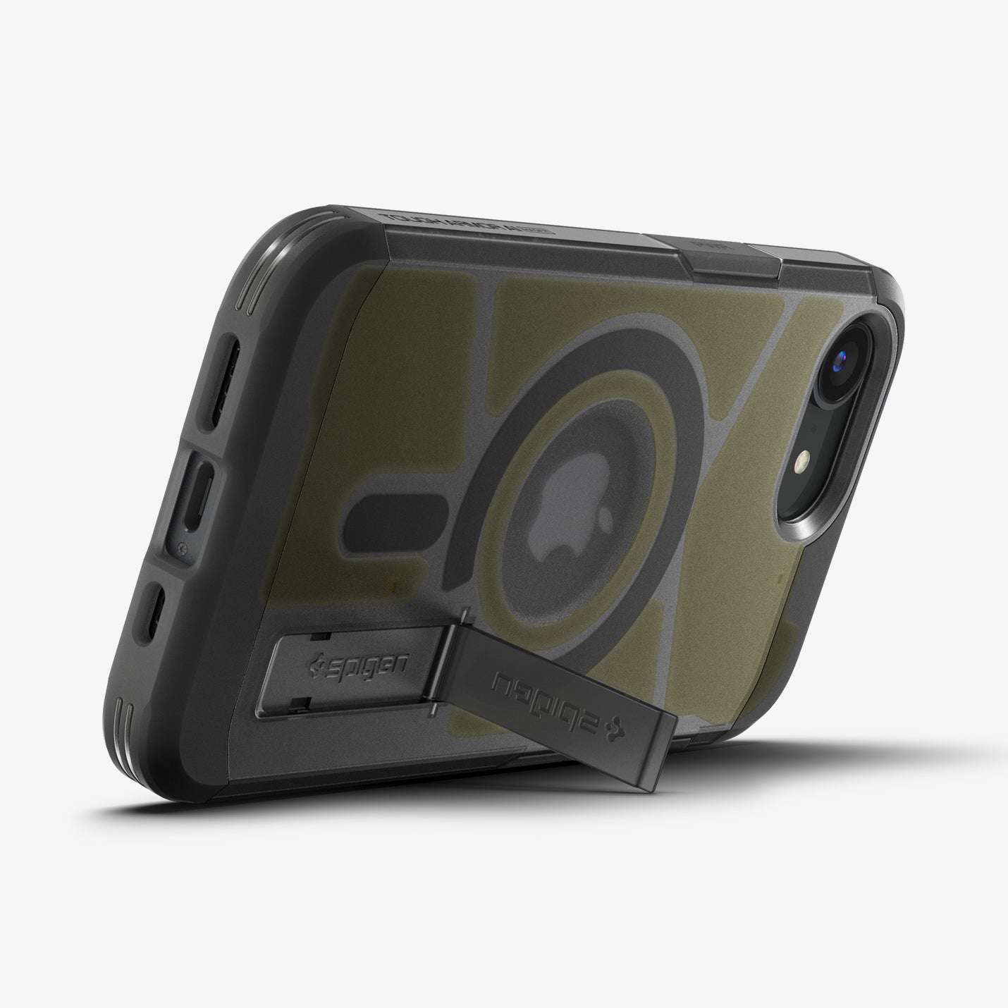 ACS09138 - iPhone 16e Case Tough Armor AI (MagFit) in Frost Black showing the back, partial side and bottom with built-in kickstand propped up