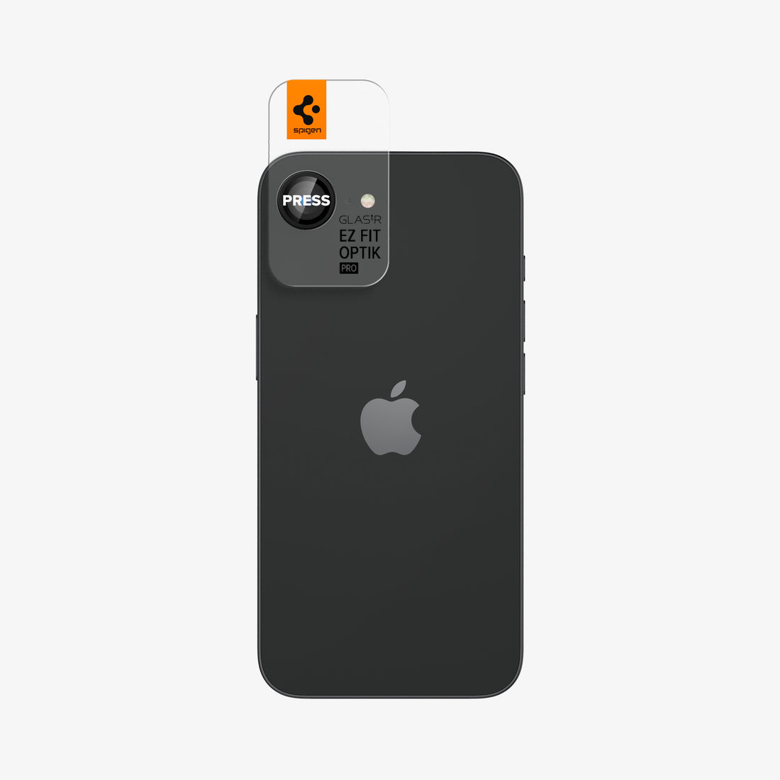 AGL09279 - iPhone 17e Optik Pro EZ Fit Lens Protector in Black showing the back with installation tray attached to the camera lens