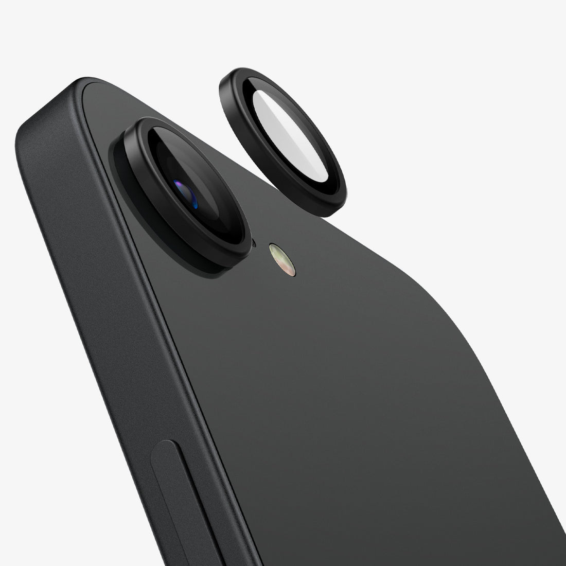 AGL09279 - iPhone 17e Optik Pro EZ Fit Lens Protector in Black showing partial back and sides device zoomed in