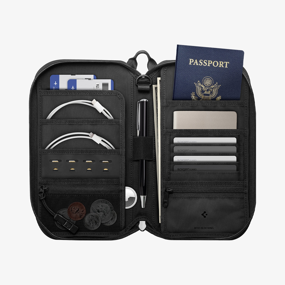 AFA07574 - Klasden Passport Organizer KD500 in Black showing the inner with multiple stuff inserted