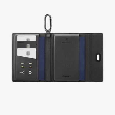 AFA11344 - Passport Holder | KD502 Black showing the inner with passport, cards and tf card ejector inside