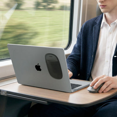 APP11227 - Laptop/Tablet Mouse Holder | LD220 in Black showing a tablet with the holder attached on the computer.