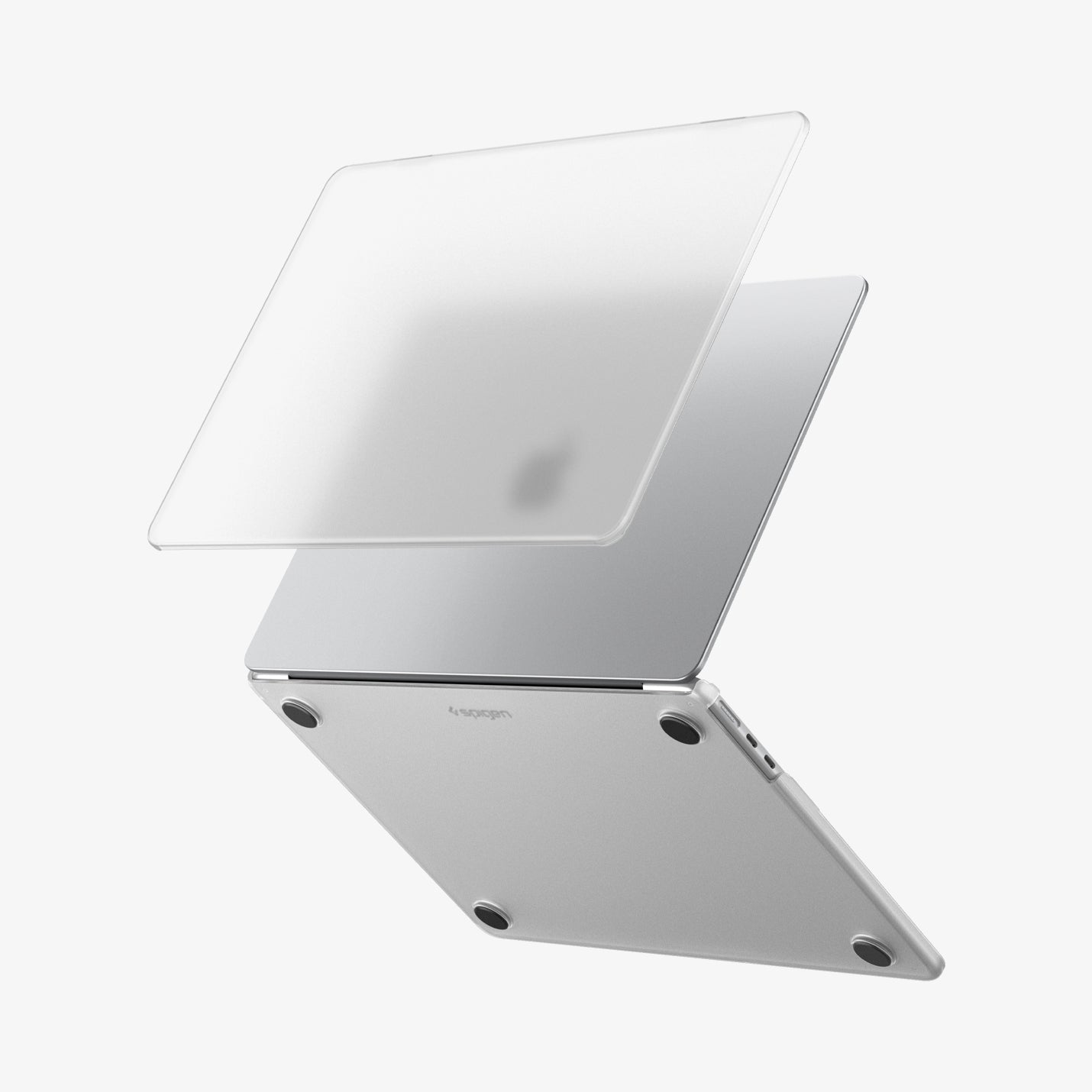 ACS11530 - MacBook Pro 13-inch Air Skin in Frost Clear showing the top shell of the Frost Clear case lifting away from the MacBook to illustrate the two-piece snap-on design