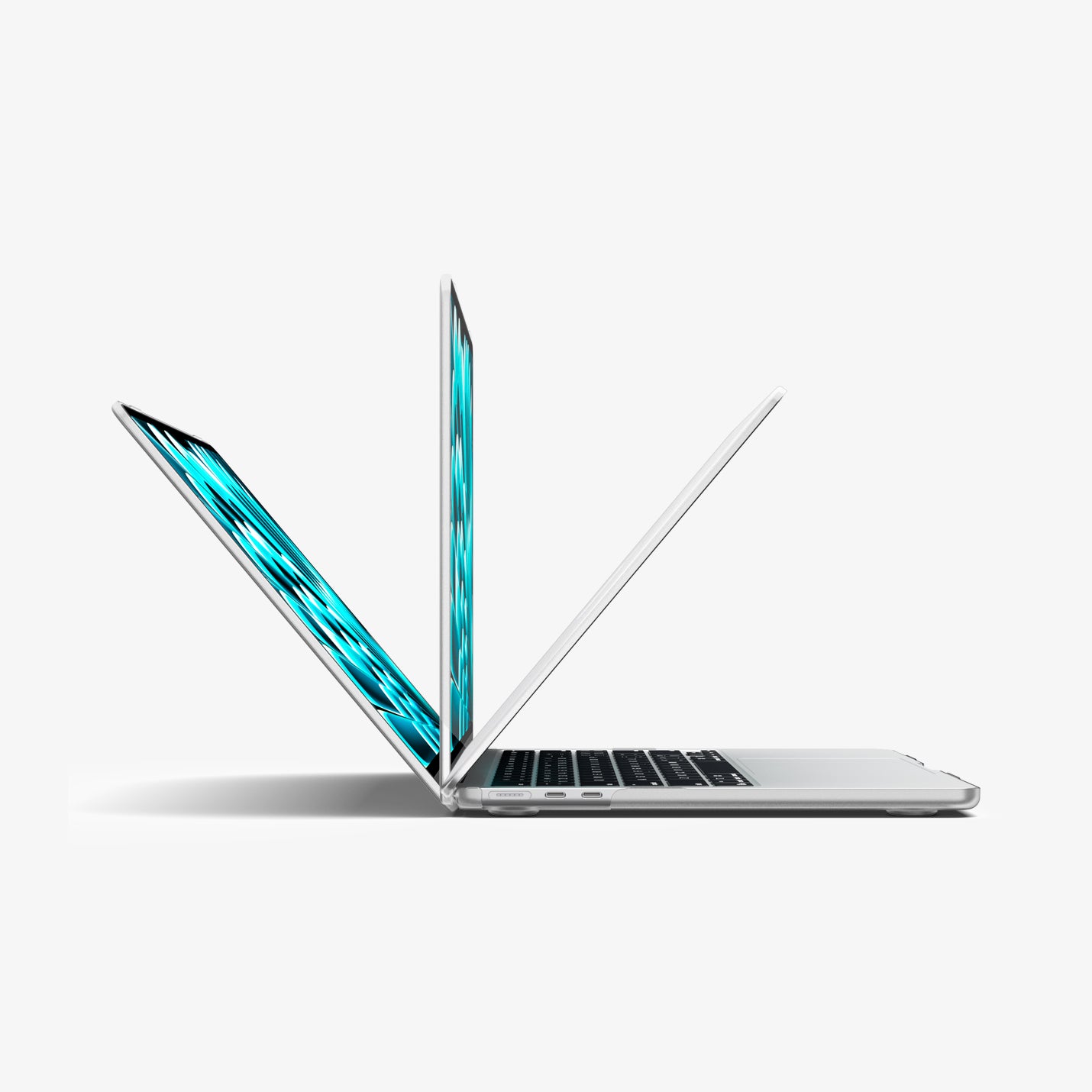 ACS11530 - MacBook Pro 13-inch Air Skin in Frost Clear showing three MacBook units opened at different angles to demonstrate the case allows full range of motion beyond 90 degrees