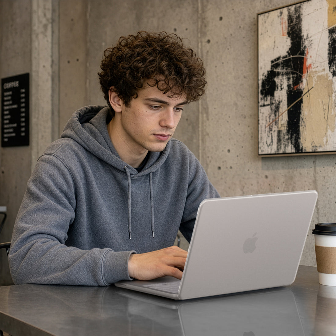 ACS11543 - MacBook Neo 13-inch Air Skin in Frost Clear showing a person typing on a MacBook with the case applied