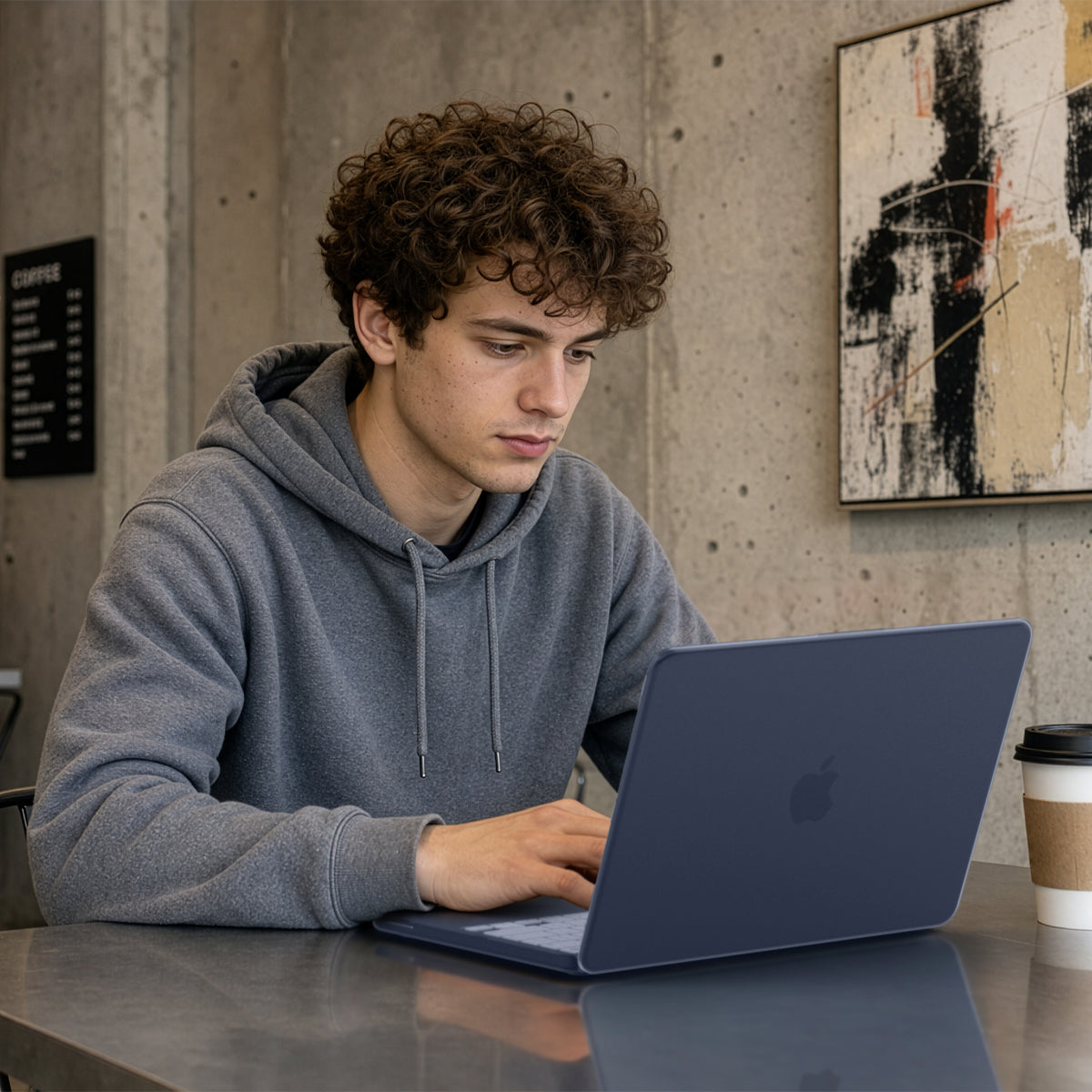 ACS11814 - MacBook Neo 13-inch Air Skin in Frost Indigo showing a person typing on a MacBook with the case applied