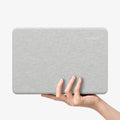 ACS11542 - MacBook Neo 13-inch Urban Fit in Heather Gray showing hand holding closed Urban Fit case in heather gray fabric