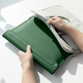 AFA06417 - MacBook Pro 14-inch Valentinus Laptop Pouch in JeJu Green showing case and laptop holding with hand