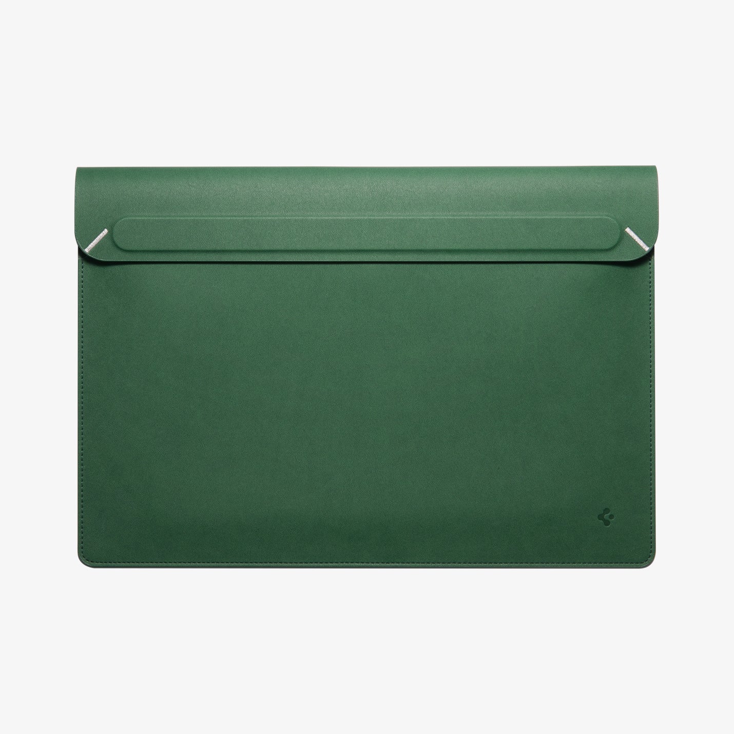AFA06417 - MacBook Pro 14-inch Valentinus Laptop Pouch in JeJu Green front view with magnetic flap closure in brown leather finish