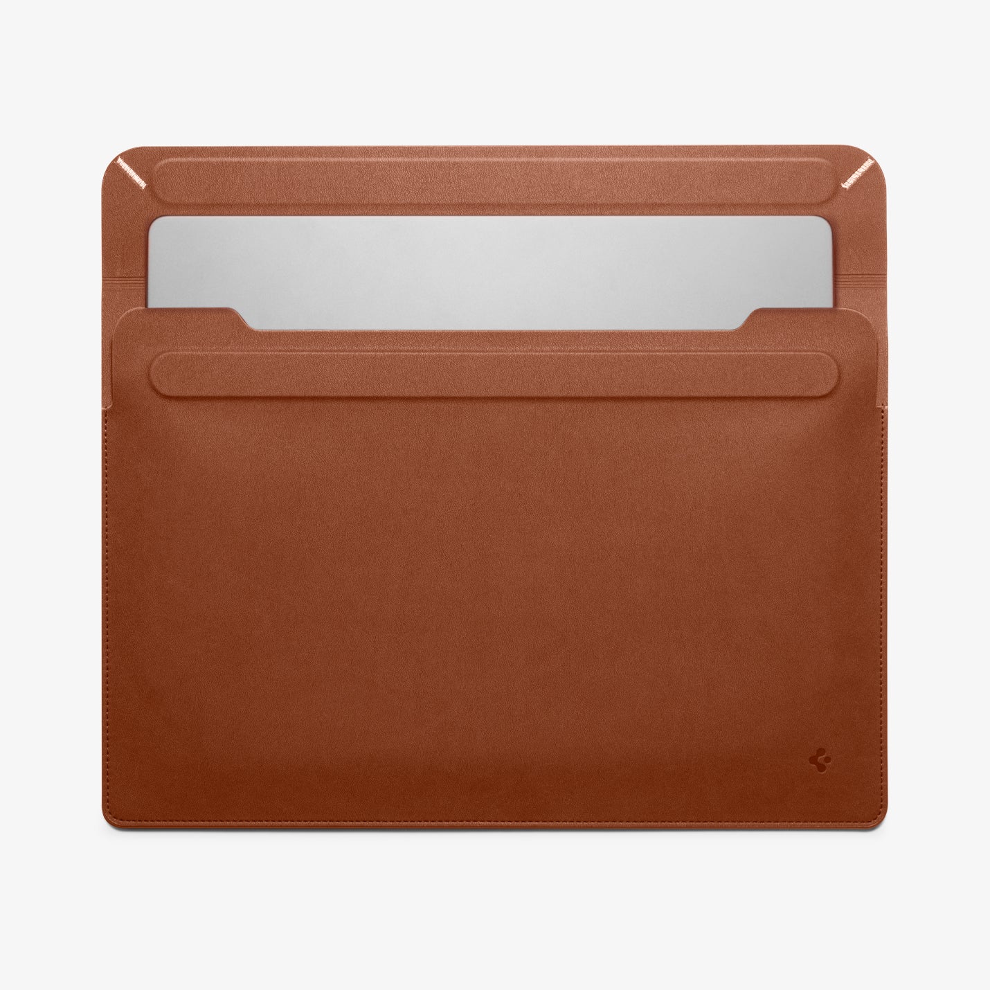 AFA06419 - MacBook Pro 16-inch Valentinus Laptop Pouch in Classic Brown partially opened revealing laptop sticking out