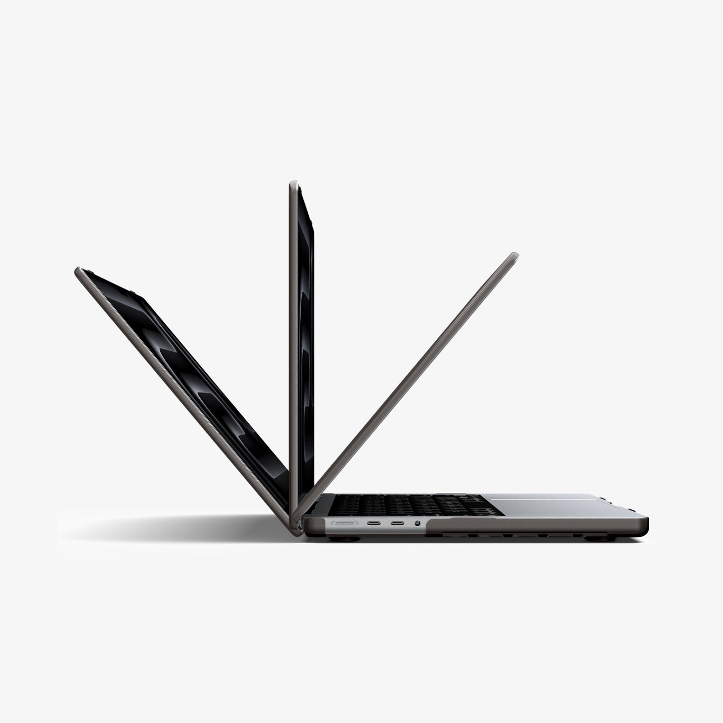 ACS11527 - MacBook Pro 16-inch Air Skin in Frost Black showing three MacBook units opened at different angles to demonstrate the case allows full range of motion beyond 90 degrees