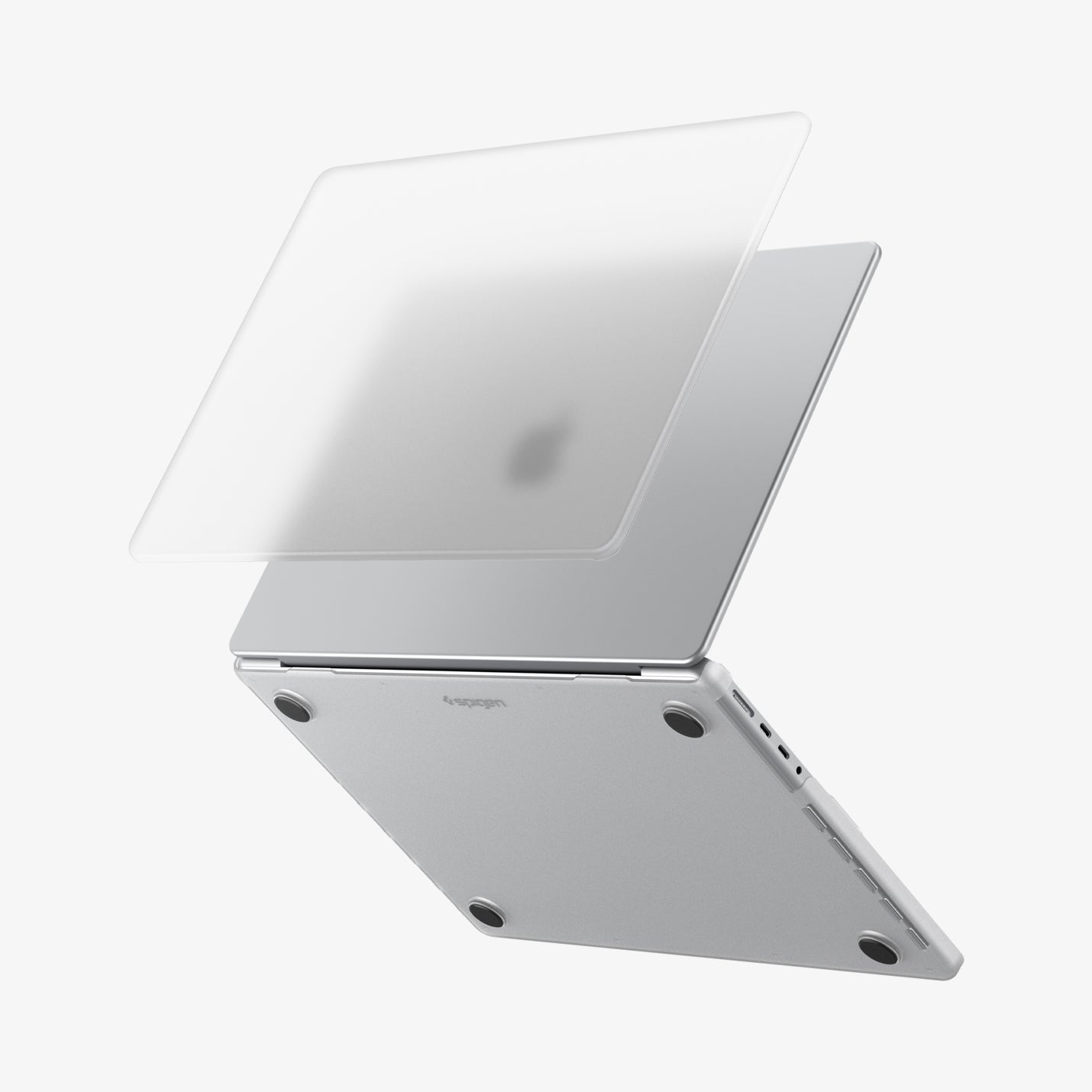 ACS11526 - MacBook Pro 16-inch Air Skin in Frost Clear showing the top shell of the Frost Clear case lifting away from the MacBook to illustrate the two-piece snap-on design