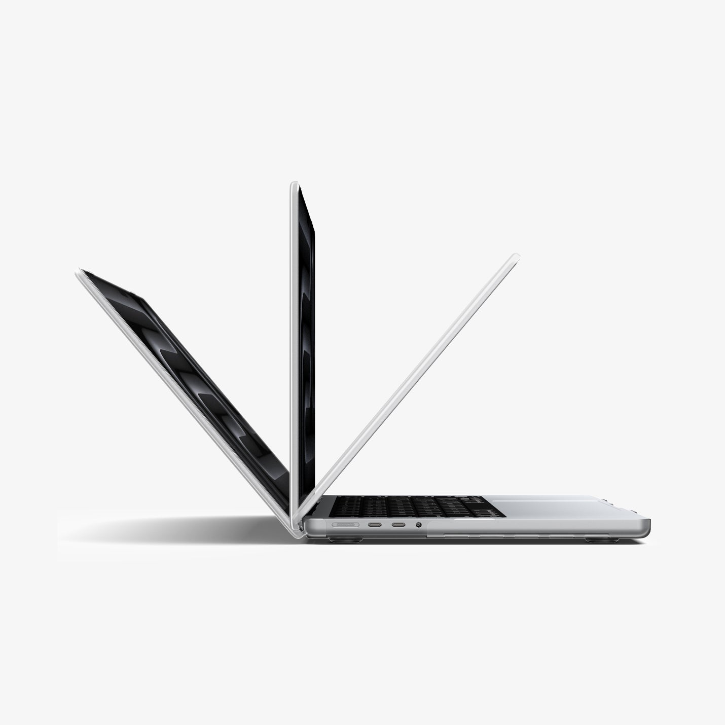 ACS11526 - MacBook Pro 16-inch Air Skin in Frost Clear showing three MacBook units opened at different angles to demonstrate the case allows full range of motion beyond 90 degrees