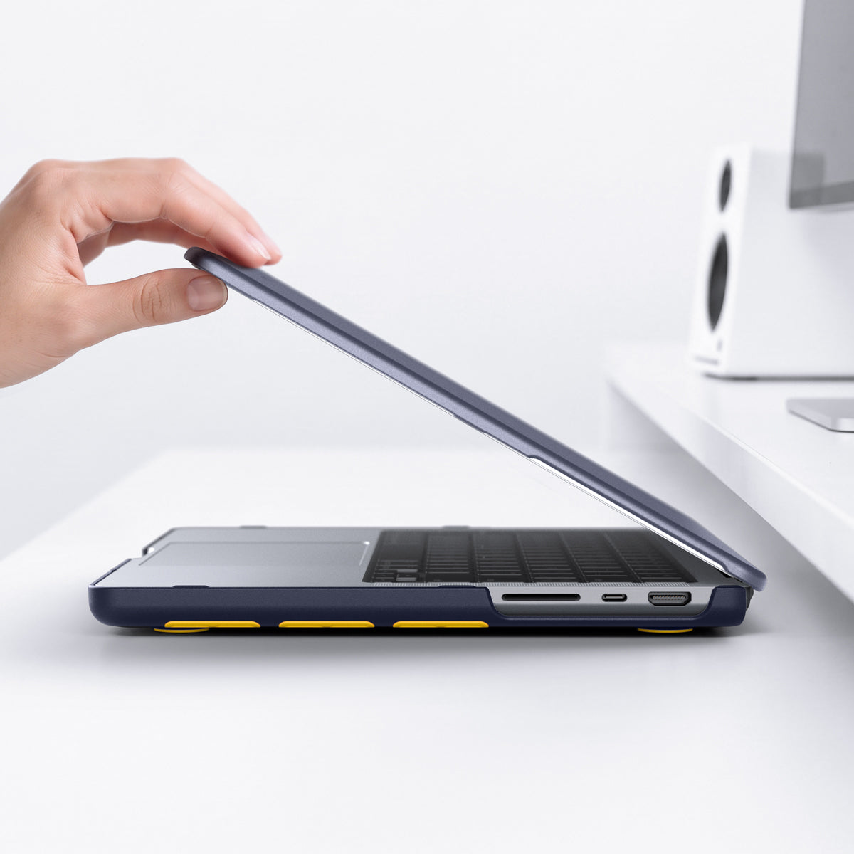 ACS11271 - MacBook Pro 14-inch Nano Pop Blueberry Navy showing the laptop case opening with precise side cutouts for easy port access
