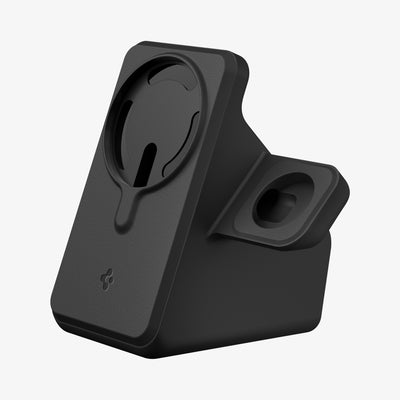 AMP09172 - Magsafe Duo Charger Stand (Mag Fit) in Black showing the front and partial side of charger stand for phone and watch